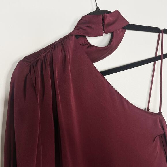 Intermix Size 2 Burgundy Red Silk Off The Shoulder Long Sleeve Blouse Mock Neck - Picture 7 of 13